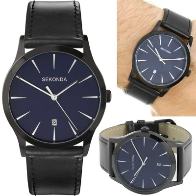 Mens Smart New Sekonda Black IP Blue Dial Black Strap 38mm Date Watch 3536 - Image 1 of 4