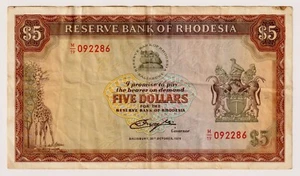 Rhodesia $5 (1978)  P-36b (20th Oct 1978), Circulated Banknote M/19 092286 - Picture 1 of 3