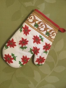Hot Oven Mitten, Christmas Poinsettia, white, red on the back, 7.5 x 9.5 - Picture 1 of 4