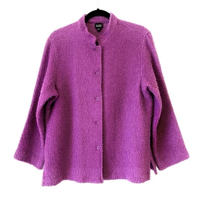 EILEEN FISHER Wool Cardigan Sweater Button Crew Neck Size L Magenta Pink - Image 1 of 4