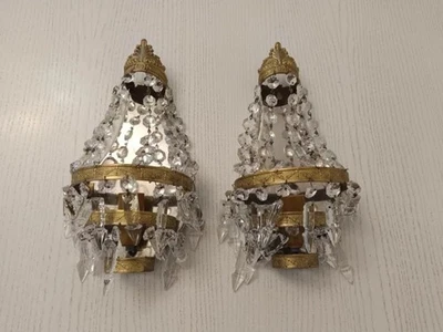 Vintage Antique Pair French Empire Brass Crystal 1 Light Sconces Wall Lights - Image 1 of 4