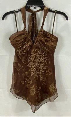 BCBGMAXAZRIA Women's Brown Gold Vintage Y2K Silk Floral Halter Top Blouse XS - Image 1 of 4