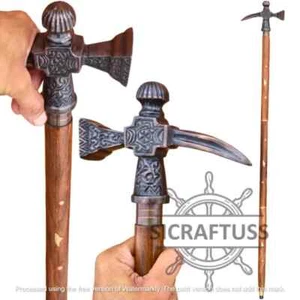 Rare Viking Valhalla Axe Walking Cane Unisex Trekking Wooden Walking Stick Cane - Picture 1 of 6