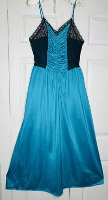 Camisón Lencería Larga Turquesa Vintage UCW GRANDE Teal Negro Encaje Foto 1 de 4