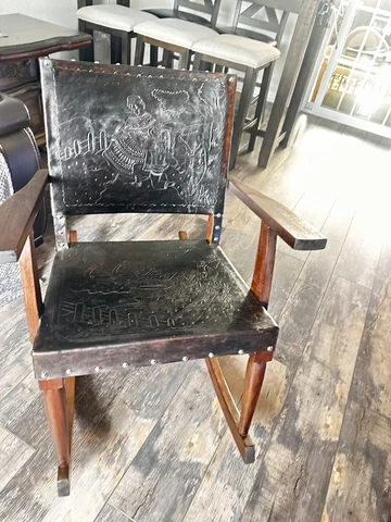 Vintage Tooled Leather Rocking Chair / Dark Brown Leather & Wood Cover