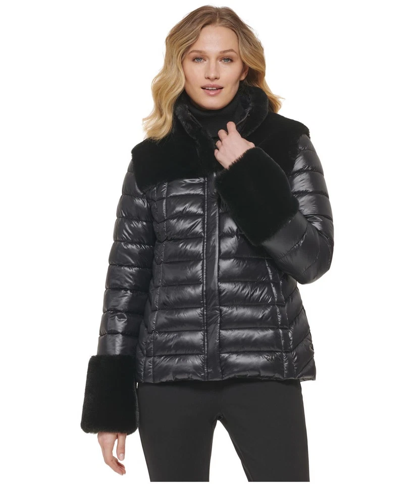 Chaqueta acolchada de piel sintética DKNY para mujer clima otoño, negra, pequeña Foto 1 de 1