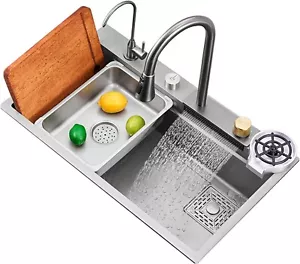 Flying Rain Stainles Steel Waterfall Kitchen Sink w PullDown Faucet Gray31.5INCH - Picture 1 of 7
