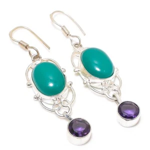 Green Onyx, Amethyst Gemstone 925 Sterling Silver Jewelry Earring 2.44 " w226 - Picture 1 of 6