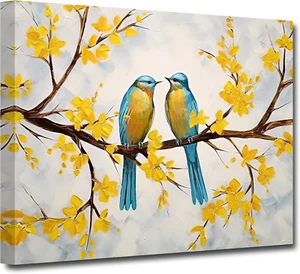 Bird Canvas Wall Art Two Couple Birds on Branch Yellow Flower Tree Pictures Prin - Picture 1 of 12