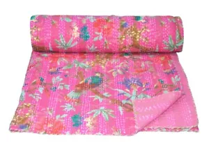Indian Embroidery Kantha Quilt Bedspread Floral Throw Cotton Pink - Picture 1 of 6