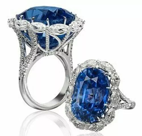 Anillo de compromiso de fiesta 22,50 CT alargado corte ovalado azul y blanco circonitas cúbicas Foto 1 de 2