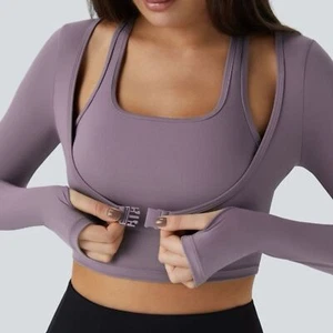 110HO.- Plüsch Neckholder Daumenloch Langarm Cropped 2-in-1 Yoga Sport Top. M - Bild 1 von 6