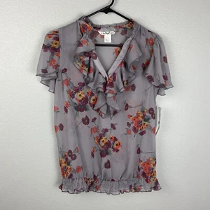 Christine V Boutique graue geblümte Rüschenbluse Damengröße Small S neu mit Etikett - Bild 1 von 7