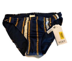 Slip bikini donna Roxy taglia small setoso blu navy bianco righe oro nuovo con etichette - Foto 1 di 9