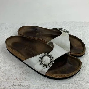 Birkenstock Tatami Leather Slider Shoes sandals White Jeweled clip Size 39 - Picture 1 of 16