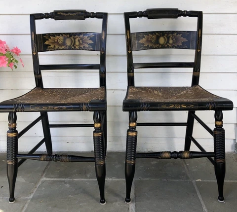 L.Hitchcock~2  SIGNED BLACK 1960s-80 STENCILED HARVEST  RUSH SEAT SIDE CHAIRS~ Cover