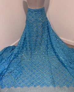 Turquoise Multicolor Sequins Embroidery 3D Lace Fabric 50” Width 1 Yard - Picture 1 of 3