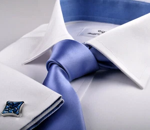 White Poplin Egyptian Cotton Profesional Formal Business Dress Shirt Blue Lining - Picture 1 of 6
