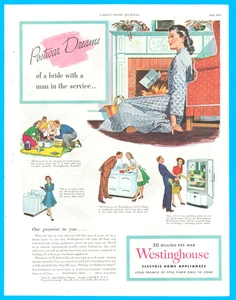 Westinghouse Electrodomésticos Estufa Refrigerador Novia Vintage Impresión Anuncio 1944 Segunda Guerra Mundial - Imagen 1 de 4