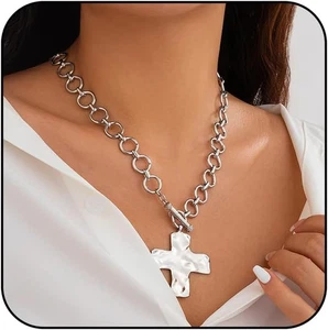 Gold Chunky Cross Necklace for Women Statement Cross Pendant Necklace Layered Ha - Picture 1 of 12
