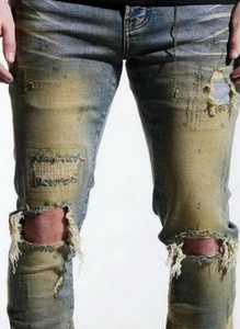 En Noir Men's Clash Sand Wash Rip & Repair Distressed Skinny Denim Jeans 28x32 - Picture 1 of 9