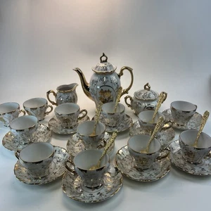 Sterling China Japan Demitasse Coffee Set Gold Overlay 27 Pieces Fabiola Spoons - Picture 1 of 11