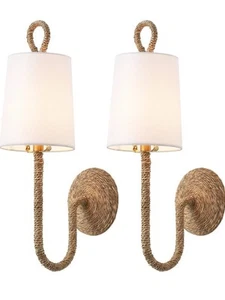 Natural Rattan Wall Sconce Set of 2, with Boho Woven Wicker and Creamy-White Fab - Picture 1 of 10