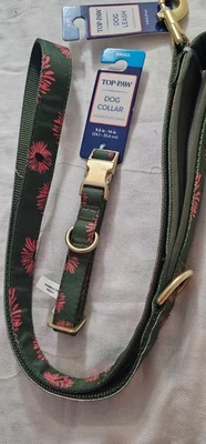 Top Paw Green/Pink Floral Dog Collar (S) and Matching Leash (4ft) - Image 1 of 4