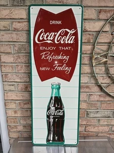 Embossed Tin Coca Cola Fishtail Sign Enjoy That Refreshing New Feeling 36.5x13.5 - Picture 1 of 7
