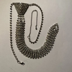 Vintage Rhinestone Necktie Necklace Pave Prong Set Hook Clasp 14" Collar  19”L - Picture 1 of 15