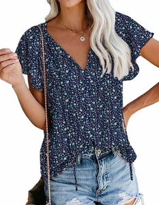 Womens Boho Tops Floral V Neck Short Sleeve Summer Blouse Large Navy Blue - Picture 1 of 6