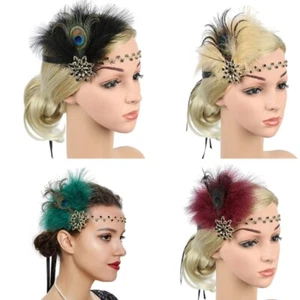 Women Flapper Accessories GatsbyParty Costume Vintage Crystal Feather Headband - Picture 1 of 12
