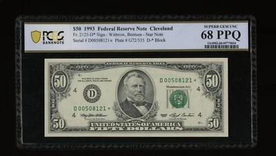 DBR 1993 $50 Cleveland STAR Fr. 2125-D* SuperGem PCGS-B 68 PPQ Serial D00508121* - Image 1 of 2