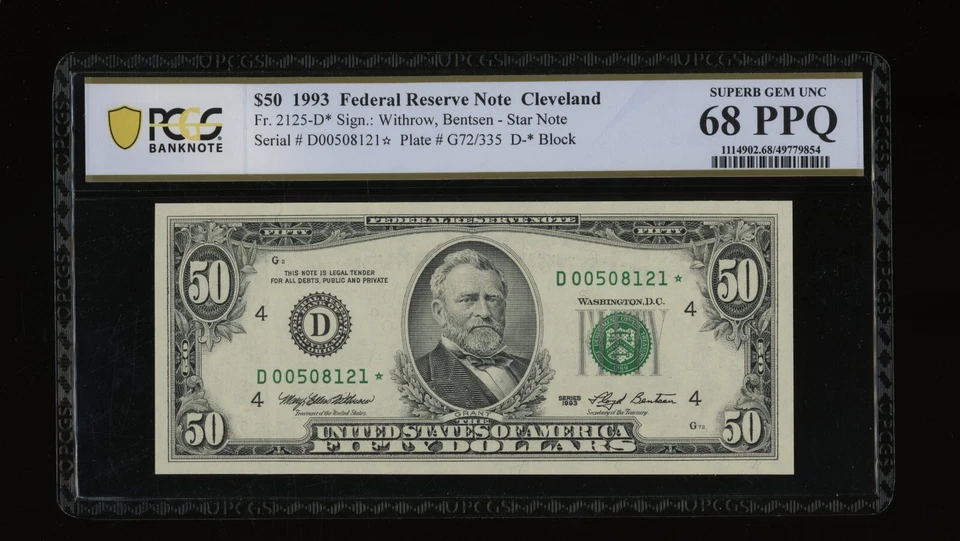 DBR 1993 $50 Cleveland STAR Fr. 2125-D* SuperGem PCGS-B 68 PPQ Serial D00508121* - Image 1 of 2