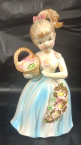 Vintage Girl With Basket Flowers Ponytail Japan Figurine blue dress 7.5" tall - Picture 1 of 12