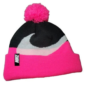 NIKE Swoosh Youth Size Beanie Hat Knit Winter Pom Pom Hot Pink Ski Fun Sports - Picture 1 of 9