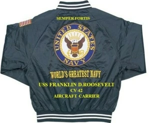 USS FRANKLIN D.ROOSEVELT CV-42 CARRIER NAVY EMBROIDERED SATIN JACKET (BACK ONLY) - Picture 1 of 11