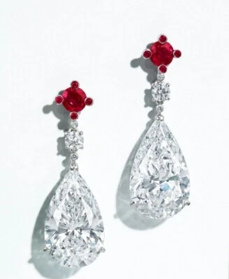Impressive Colorless White Pear & Round Cut Lab-Created Diamonds & Ruby Earrings - Image 1 of 4
