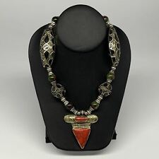 92.5g, 24" Handmade Turkmen Necklace Antique Tribal Coral Inlay  Pendant, B14314