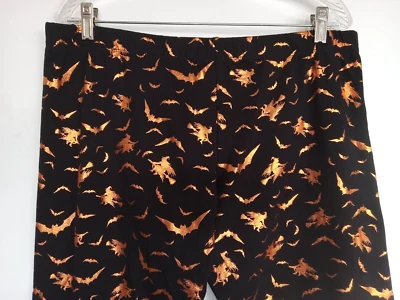 NWOT's 2XL Black stretch pants w/ orange foil witches & bats. Halloween theme. - Image 1 of 4