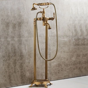 Free Standing Bathtub Faucet Floor Mounted Antique Brass 2 Handle Shower Tap - Picture 1 of 6