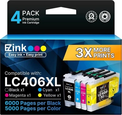 EZInk LC406XL - Paquete de 4 - Cian, Amarillo, Magenta, Negro - 10/2028 Foto 1 de 2