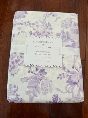 Nuevo con etiquetas Juego de sábanas Pottery Barn Teen LoveShackFancy Garden Damasco orgánico King púrpura Foto 1 de 4