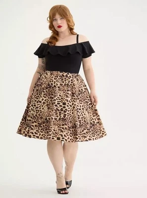 Vestido Torrid Talla Grande 3X Retro Chic Hasta la Rodilla Leopardo Volantes Hombro Descubierto Foto 1 de 4