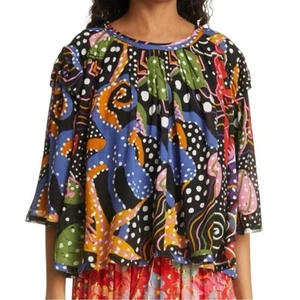 Farm Rio Under the Sea Blouse Multi Womens Size M Ruffle Beaded Colorful Boho - Picture 1 of 15
