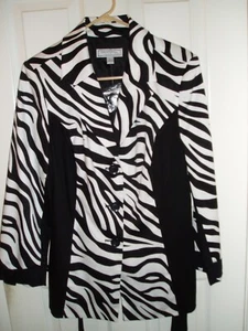 SIMONTON SAYS Jacke Blazer mit Gürtel Damen L Large gefüttert schwarz weiß Zebra 0 $ S/H! - Bild 1 von 7