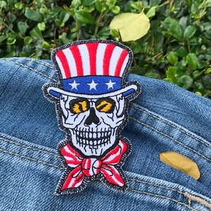 Parche de gorra calavera sombrero de copa de Estados Unidos bandera de Estados Unidos esqueleto motociclista bordado hierro en apliques - Imagen 1 de 2
