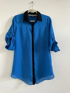 Angie women’s shirt turquoise black long sleeve button down Size Medium - Picture 1 of 6