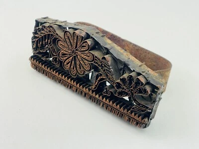 Vintage Antique Copper Metal Textile Printing Block Floral Flower 6.5x2.75x3.25" - Image 1 of 4