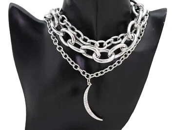 Collana Moda Con Pendente A Luna In Catena Di Metallo Argento Per Donne - Immagine 1 di 4